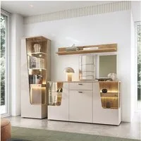 Lomadox Esszimmer-Set CARMONA-129, (Spar-Set, 3-St., Sideboard Vitrine Wandregal), in kaschmir und Eiche, inkl. LED-Beleuchtung