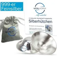 VITALWORXX Stillhütchen 2 Stück Silberhütchen - schnelle Hilfe bei empfindlichen Brustwarzen (Komplett-Sorglos-Paket), massives 999-er Feinsilber (Sterlingsilber)