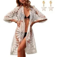 MOPUEA Strandkleid Kimono Sommerkleid Damen Boho Spitze Bikini Cover Up Cardigan (Set, 1-tlg., Vielseitig einsetzbar – ideal für Strand & Pool) Ausdrucksstarkes Design mit Blumenmuster