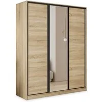 Masseno Schwebetürenschrank TARI 150 cm Kleiderschrank mit Spiegel 3 Türen Eiche Sonoma