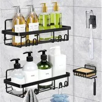 LA CUTE Duschablage Badregal Duschablage Edelstahl Set, 4er Set ohne Bohren Badezimmer, Duschablage Set aus Edelstahl, ohne Bohren, mit Seifenhalter & Haken.