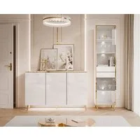 ALLHOUSE24 Wohnzimmer-Set PEONY weiß Hochglanz/ weiß GOLD mit LED Beleuchtung Kommode Vitrine, (1x Kommode, 1x Vitrine), LED Beleuchtung, Fronten in Hochglanz