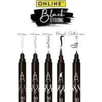 Online Pen Fineliner Black Lettering, 5x Handlettering Stifte Set, schwarz, wasserfest