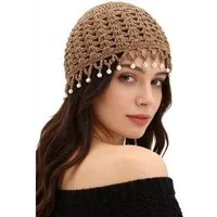 Zaewry Beanie Damen-Bohème-Sommer-Strickmütze mit Quasten und Perlen, lockere Häkelmütze für Sommerreisen und den täglichen Gebrauch