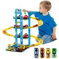 MOLTO Spiel-Parkhaus Parktower, Parkgarage mit 4 Spielebenen,4 Autos,1 Hubschrauber (komplettes Spielzeug -Set), Spielgarage mit 4 Spielebenen und 4 Spielzeug-Autos plus Hubschrauber