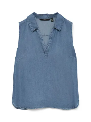 VERO MODA - VMHARPER SL COLLAR SHORT TENCEL TOP GA Medium Blue Denim - Gr. - XS