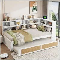 STILVORA Stauraumbett Jugendbett 90×200 cm Daybett mit vielen Staufächern & Ladeanschluss (Multifunktionales Holz-Schlafsofa 90x200 cm mit Ausziehbett, Stauraum & USB-Ladeanschluss – Ideal für Kinderzimmer & Gästezimmer – Modernes Design, Massivholz 