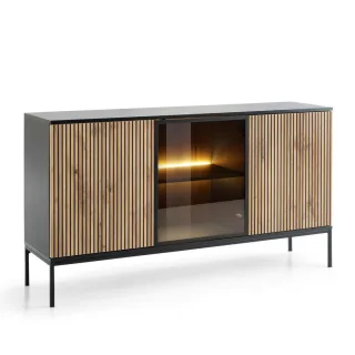 Komodee Sideboard, Schwarz, Eiche Wotan, Metall, 3 Fächer, 154x83x39 cm, Wohnzimmer, Kommoden & Sideboards, Sideboards