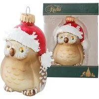 Krebs Glas Lauscha Christbaumschmuck Glasdekoration - Eule mit Weihnachtsmütze - ca. 9 cm, Ideal für Baum, Adventsgesteck oder Fensterdekoration