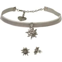 Alpenflüstern Ketten-Set Trachtenschmuck-Set Trachten-Samt-Kropfband und Ohrstecker Strass-Edelweiß (grau), - Damen-Trachten-Schmuck, Trachtenset Trachtenkette und Trachten-Ohrringe