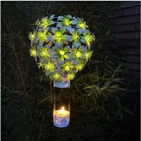 Online-Fuchs LED Gartenleuchte Solar Heißluftballon aus Metall mit Hibiskus Blüten, Gartendeko Lampen, Lichterkette mit 48 LED´s, warmweiß, ca. 60 cm groß mit Aufhängevorrichtung