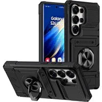 Wigento Handyhülle Magnetisch Ring Samsung Galaxy S26 Ultra 5G Kunststoff Silikon Schwarz, 2 Fächer für Kreditkarten, 360 Grad Schutz, Halte Ring