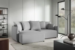 Ecksofa Schlafsofa Sofa MINEA in Stoff Abriamo Grau Ottomane Links