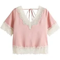 Next Kurzarmbluse Satin-Oberteil mit V-Ausschnitt und Spitze (1-tlg)