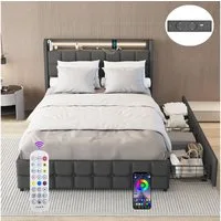 oyajia Polsterbett LED Doppelbett 140x200cm mit Ladefunktion und 2 Schubladen Polsterbett, Einzelbett Bettgestell mit Kopfteil und Lattenrost, Leinen Polsterbett
