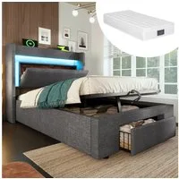 STILVORA Polsterbett 90x200 mit Matratze und Stauraum Funtionbett Bettgestell mit Anschluss (Funktionsbett, 2-tlg., Kopfteil mit Aufbewahrungsfach, Holzlatten-Bettgestell), LED-Beleuchtung sowie USB & USB-C Anschluss( mit Matratze )