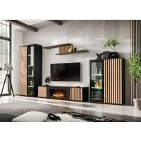 ASM-Moebel Wohnwand CAMERON ZHJ SET mit Bio-Ethanol Kamin Lamellen Led B. und Push - Click, Mit Bio-Ethanol Kamin, Led Beleuchtung, Push-Click System und Lamellen
