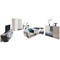 Lomadox Jugendzimmer-Set LEEDS-10, (Sparset, 6-tlg), Sandeiche Nb. mit weiß Lava und Denim Blau