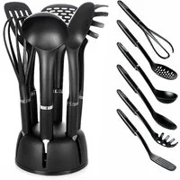 BEM Kochbesteck-Set Küchenhelfer 6-tlg. Set mit drehbarem Standhalter (Küchenset mit Pfannenwender Suppenkelle Spaghettilöffel, Nudellöffel Schneebesen Servierlöffel), BPA frei Hitzebeständigkeit bis zu 190°C