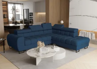 Ecksofa Schlafsofa BASTIEN MAX in Stoff Aragon Dunkelblau Ottomane Rechts