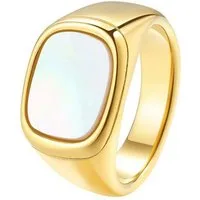 Hey Happiness Fingerring Siegelring Rechteck Muschel, 18K Vergoldet, Edelstahl Ring in Gold, Damenring Perlmutt schimmernd, wasserfest