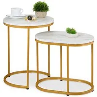 relaxdays Satztisch 2er Set Marmoroptik & Metall (2er Set), Weiß/Gold