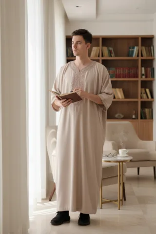 Beige marokkanische Thobe-Robe für Herren Djellaba Gandoura Eid Jubba LFS-HM66