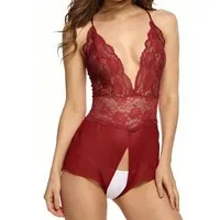 Lovolotti Body-Ouvert Sexy Babydoll aus Spitze mit tiefem Ausschnitt transparent elegantes Damen Dessous Nachtwäsche