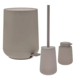 Bad-Accessoires Nova One Set 3tlg taupe | Zone Denmark Monochrome Design-Kombi aus Soft-Touch Kosmetikeimer, Toilettenbürste & Seifenspender fürs Bad.