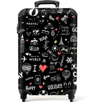 NoBoringSuitcases.com© Hartschalen-Trolley Muster - Gekritzel - Reisen - Urlaub - Schwarz 55x35x20cm, 4 Rollen, Reisetasche mit Rollen, Koffer Handgepäck Flugzeug
