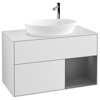 Villeroy und Boch Finion Waschtischunterschrank F901GKMT 100cm, Abdeckplatte white matt, Regale Anthracite matt lacquer, White matt lacquer