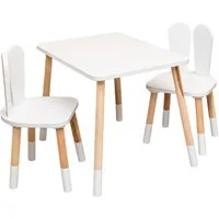 COZYCOLLECTIONS Kindersitzgruppe Kindertisch-Set mit Tiermotiv-Stühlen aus Naturholz, (Kindertisch-Set, 3-tlg., 3-teilig (1 Tisch + 2 Stühle), Montessori-Design: fördert Selbstständigkeit, Ordnung & Kreativität