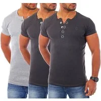 Young & Rich T-Shirt Herren basic fein gerippt mit trendigen extra großen Knöpfen 1872 mit Knopfleiste unifarben kurzarm slim fit