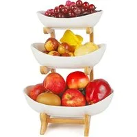 SURFOU Obstschale Obstkorb Etagere 3 Etagen aus Holz – Keramikteller für Obst und Snacks, Keramik, Bambusholz, (Weiß Keramik Etagere 3 Etagen, Obst Etagere 3 Stöckig, mit Natürlichem Bambus Ständer Servierteller für Gemüse, Obst, Snacks, 1-tlg), Spül
