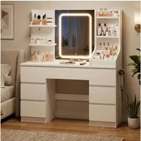 HOMALL Schminktisch Spiegel mit LED-Beleuchtung, 7 Schubladen (Maße: 110 × 40 × 139 cm, drei einstellbare Farbtemperaturen, mit 8 offenen Ablagefächern, 6 Schmuckhaken, 2 Steckdosen, 1 USB-Anschluss, 1 Typ-C-Anschluss und einer Haartrocknerhalterung)