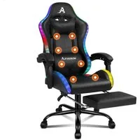 ALFORDSON Gaming-Stuhl Massagestuhl mit LED, ergonomischer Schreibtischstuhl mit 150° Neigung, Einziehbarer Fußstütze, PU-Leder, Höhenverstellbar, 180 kg Tragkraft