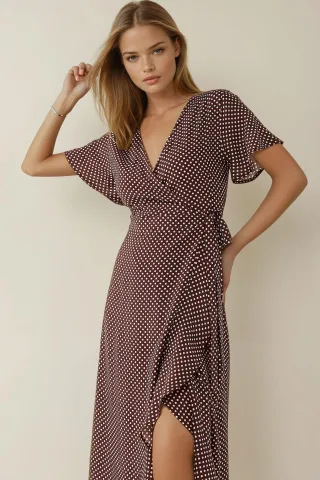 V-Ausschnitt bedrucktes Viskose-Maxi-Kleid