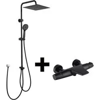 HOMELODY Duschsystem mit Thermostat Badewannenarmatur Schwarz Regendusche, 30 cm Regendusche, 5 Strahlarten Handbrause, Wasserfall-Auslauf