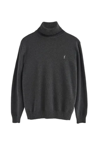 Rollkragenpullover dunkelgrau meliert aus Wollgemisch mit gesticktem Rigby Go-Logo