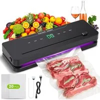 QUBEBU Vakuumierer Vakuumierer Satz 6 in 1 Vakuumiergerät + 20 Vakuumierbeutel 85 kPa, Rollenbreite 30 cm, 120W, Lebensmittel bleiben bis zu 10x länger frisch, kompakt & platzsparend