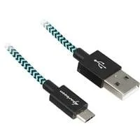 USB 2.0 Kabel, USB-A Stecker > Micro-USB Stecker schwarz/hellblau, 1 Meter, gesleevt