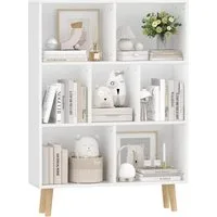 JEOBEST Bücherregal Bücherschrank mit 6 Fächern Weiß, Massivholzbeinen, 1-tlg., Standregal Aktenregal 80 x 24 x 110cm, Anti-Kipp-Vorrichtung