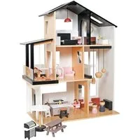 TikTakToo Puppenhaus Moderne Stadtvilla aus Holz mit 49 TLG. Möbelset, 3 Etagen, (49-tlg), incl. Balkon mit Hund, Hundehütte und Grillplatz