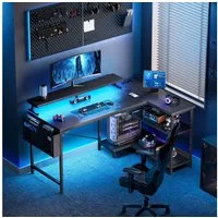ODK Gamingtisch L Form mit LED-Beleuchtung und integrierter Steckdose (1-St), 120cm Schwarz Eckschreibtisch mit Monitorständer und Stauraum