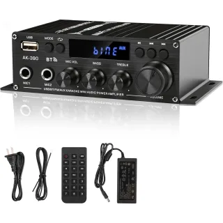 AK-390 Mini Bluetooth 5.0 Stereo Amplifier 400W+400W 2 Channel Home Audio Receiver HiFi Power Amp with FM Radio & Karaok