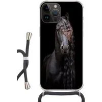 MuchoWow Handyhülle für Apple iPhone 14 Pro Max Pferde - Friesisch - Mähne - Schwarz - Tie, Tragbare Handyhüllen mit Kette zum umhängen, Handykette Handyband