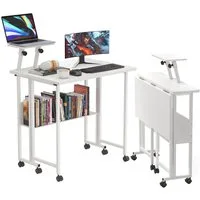 JEOBEST Schreibtisch Kleiner klappbarer Computertisch mit Regal und Rollen, (1-St. Tisch mit erhöhter Monitorablage) Faltbarer Bürotisch