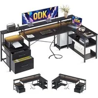 ODK Eckschreibtisch ODK Reversibel Eckschreibtisch mit Schubladen LED Schwarz 189.5×100cm
