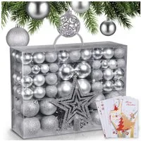 Onbest Weihnachtsbaumkugel Weihnachtskugeln 128-teiliges Set PLUS 5x Karten & 1x Baumspitze, in 3 Größen, 3 Designs, Weihnachtsschmuck Weihnachtsdeko