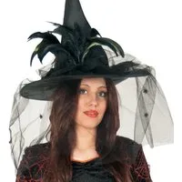 Fries Hexen-Kostüm Damen Luxus Hexen Hut Netztüll & Federn Schwarz Halloween Karneval
